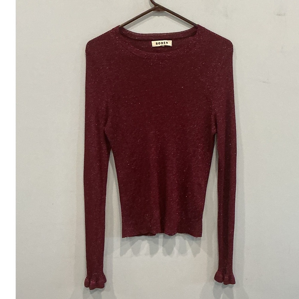 Boden Womens Stretch Knit Sweater XL Burgundy Metallic Ruffle Cuff Whimsy Fall